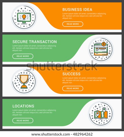 Set of flat line business website banner templates. Vector illustration. Modern thin line icons in circle. Business Ideas, Secure Transation, Success, Locations