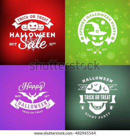 Set of Retro Happy Halloween Badges. Design Element for Greetings Card or Party Flyer. Vector Illustration. Halloween Posters Set.