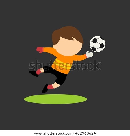 cartoon kid goalkeeper tipping the ball and saving the game. sports vector illustration
