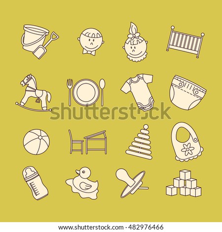 Child and baby day care center color thin line icons. Kindergarten vector logo. Diaper, sandpit, slide, horse, ball, bottle, crib, pacifier.