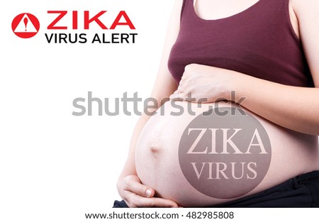 Zika virus. Zika pregnancy fear medical concept and virus danger concept. Isolated on white background. Pregnant woman with hands over tummy and free form copy space.