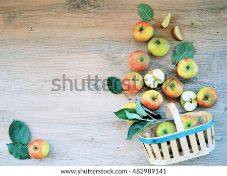 Top view apple ,nature flat lay in wooden with copy place for text or logo ,food background