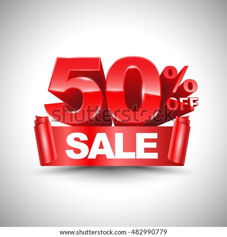 3d vector shiny red discount 50 percent off and sale on red ribbon. Vector illustration for promotion discount sale advertising. Royalty-Free Stock Photo #482990779