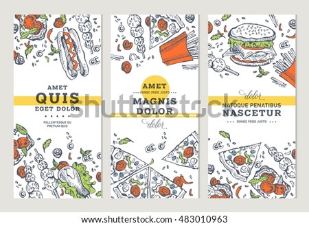 Fast food banner or card collection. Hand drawn linear graphic. Snack collection. Junk food cafe. Vector illustration flyer in doodle style.
