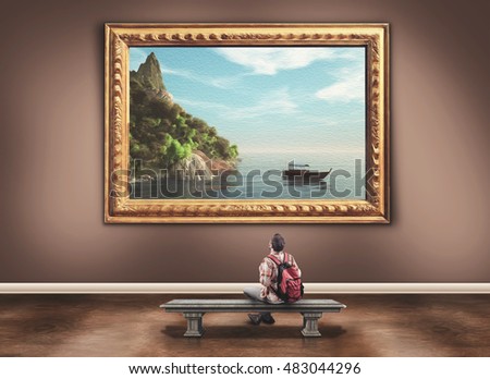 Young man with a backpack admiring a beautiful paint of a landscape in a museum Royalty-Free Stock Photo #483044296