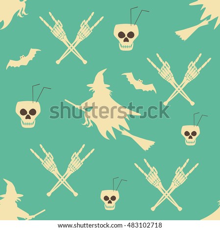 Hell Halloween party seamless pattern. Walpurgis Night. Human skulls as goblets with drinking straws, skeleton hands in rock 'n' roll gesture, bats and witches flying on broomsticks