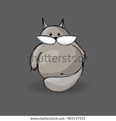 Vector hand drawn style  illustration. Fat cute gray cat with white mustache.