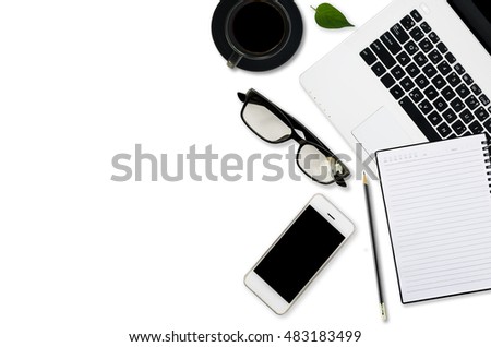 Blank notebook with laptop and smartphone, cup coffee on white background copy space