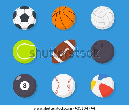 Sport balls vector set of isolated from the background in flat style. Icons soccer, volleyball, basketball, american football, tennis, baseball, billiard, bowling, beach balls. Cartoon ball kit.