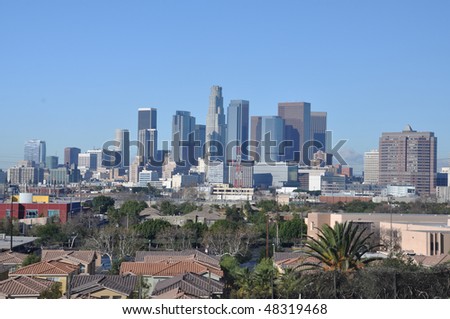 Downtown Los Angeles with lowrise housing - daytime view from the East
