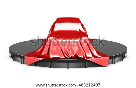 Presentation of the car covered with red satin cloth. Front view. 3D rendering. Digital illustration.