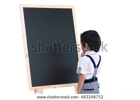 Close up of smart asian boy and wooden blackboard on white background isolated.