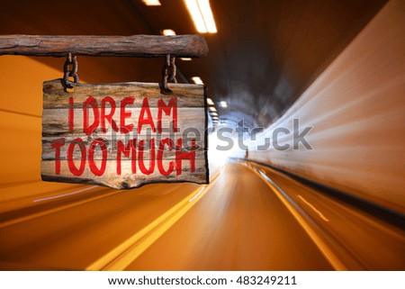 I dream too much motivational phrase sign on old wood with blurred background