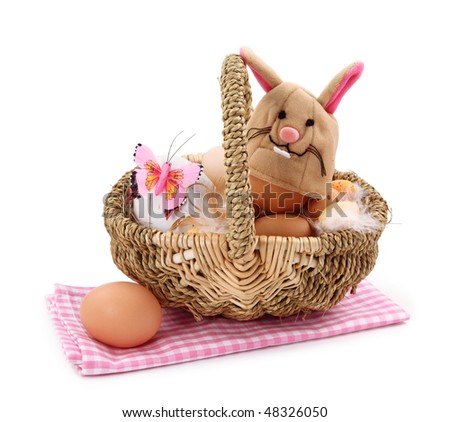 Basket with eggs on white background