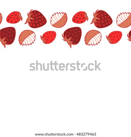 Seamless pattern of horizontal stylized berry motif, hole, spots, strawberry with leaves, doodles on colored background with copy space. Hand drawn. Horizontal seamless strawberry background.