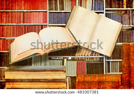 Books. Reading. Studying. Open books with blank pages (to fill) with library in blur backgound. Creature and education concept. Textured old paper abstract collage with copyspace