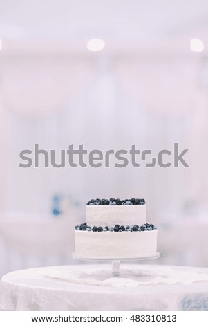 Candid cream cake decorated with bilberries and blackberries isolated close-up on table covered by white tablecloth at blurred bright background
