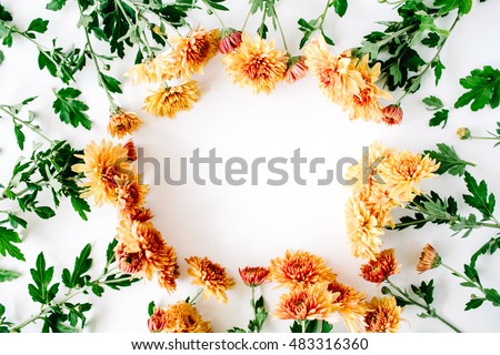 round frame wreath pattern with chrysanthemum, branches and leaves isolated on white background. flat lay, top view