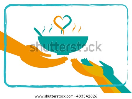 Giving Food to the Hungry concept with a heart formation from hot soup. Editable Clip Art.