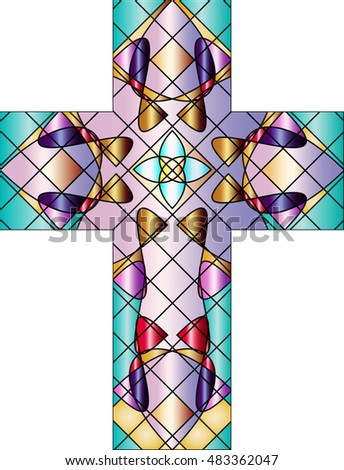 Christian cross, colorful stained glass style vector illustration.