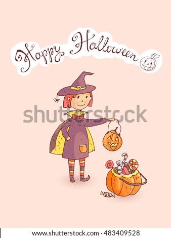 Hand drawn doodle vector halloween greeting card with the witch, the pumpkin and sweets. Cute kids style. Pastel colors.
