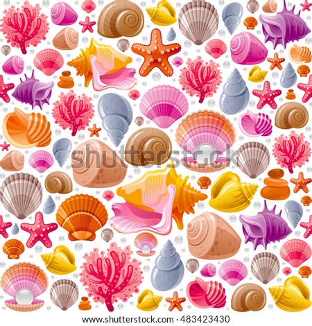 Seamless Sea travel icon set, underwater diving animal - seashell, scallop, mollusk shell and more marine shells icons. Vector illustration abstract template. Elegant modern style, white background.  