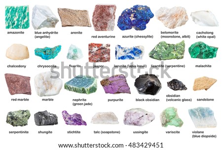 collection from various raw decorative gemstones and minerals with names isolated on white background