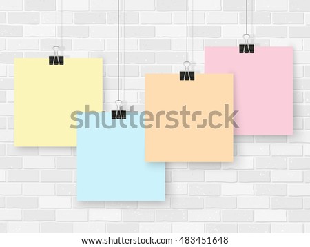 Posters template on grey brick wall. Realistic wall gallery vector illustration. Set of colorful empty vector notes mockup for your illustrations, drawings, posters or quotes.