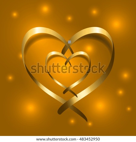 Two Gold silk ribbon hearts. Golden couple satin silhouette on shiny background. Symbol of happy love, romantic. Valentine Day design template for banner, invitation card, poster. Vector Illustration.