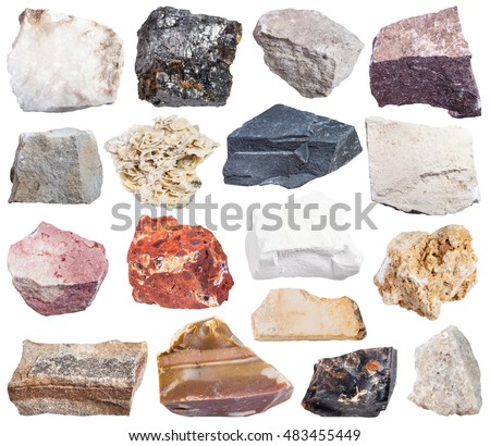 set of sedimentary rock specimens - shale, conglomerate, argillite, mudstone, travertine, limestone, tufa, arenite, sandstone, coquina, bauxite, marl, dolomite, coal, flint, anhydrite, etc, isolated Royalty-Free Stock Photo #483455449