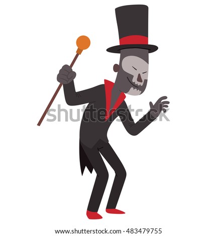 Vector cartoon image of Baron Samedi in a black tail coat, a black-red top hat with brown cane in his hand, standing and frightening someone on a white background. Halloween. Vector illustration.
