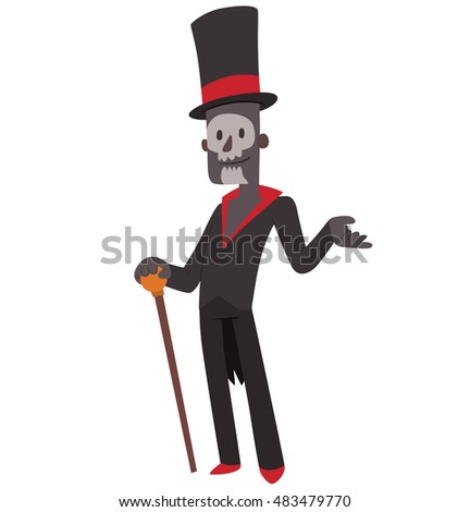 Vector cartoon image of Baron Samedi in a black tail coat, a black-red top hat with a brown cane in his hand standing and smiling on a white background. Halloween. Vector illustration.
