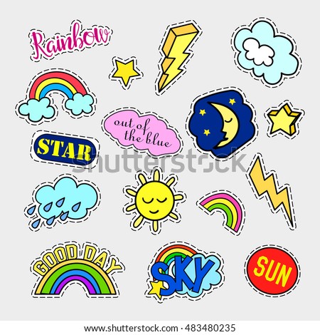 Fashion patch badges. Sky set. Stickers, pins, patches and handwritten notes collection in cartoon 80s-90s comic style. Trend. Vector illustration isolated. Vector clip art.