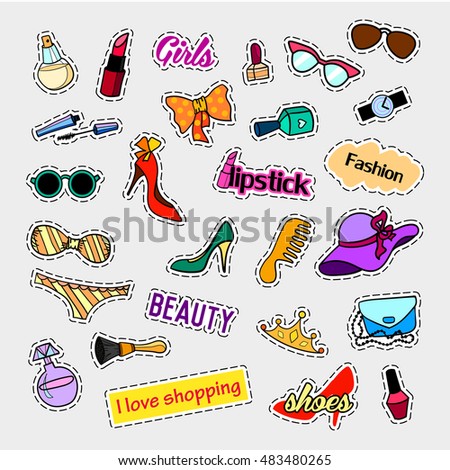 Fashion patch badges. Fashion set. Stickers, pins, patches and handwritten notes collection in cartoon 80s-90s comic style. Trend. Vector illustration isolated. Vector clip art.