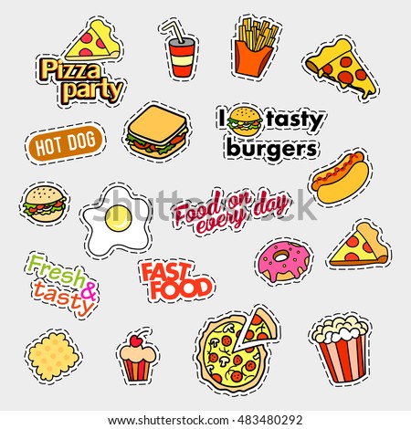 Fashion patch badges. Fast food set. Stickers, pins, patches and handwritten notes collection in cartoon 80s-90s comic style. Trend. Vector illustration isolated. Vector clip art.