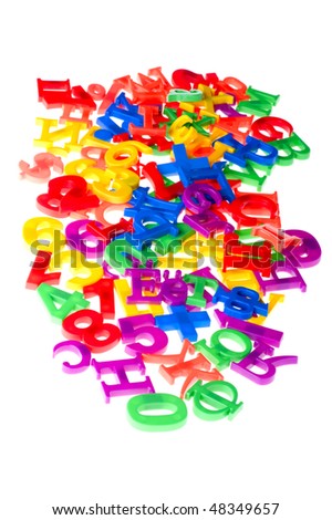 object on white - toy plastic letters and numbers
