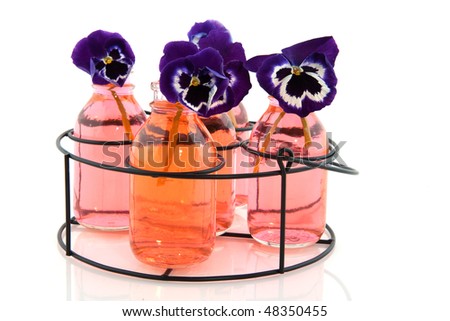 Blue Pansies in pink bottles isolated over white