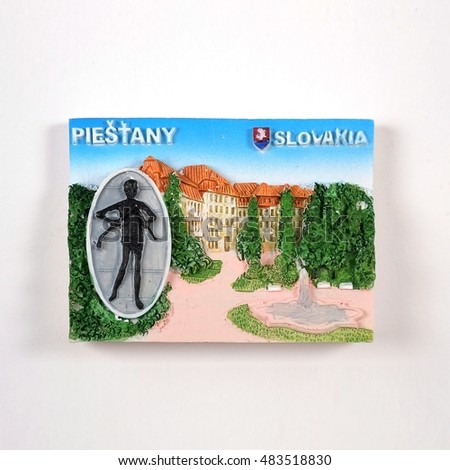 Magnetic souvenir from Slovakia Peshtiany with the image of the city's attractions isolated on white background. The inscription on the Slovak name of the city means "Peshtiany"