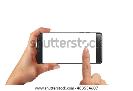 Taking photo with modern smart phone with blank screen for mockup. Woman hold phone in horizontal position. Isolated background.