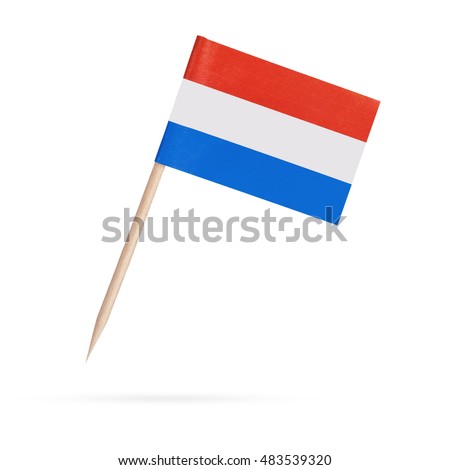 Miniature paper flag Netherlands , Holland. Isolated mini Dutch flag pointer on white background. With shadow below