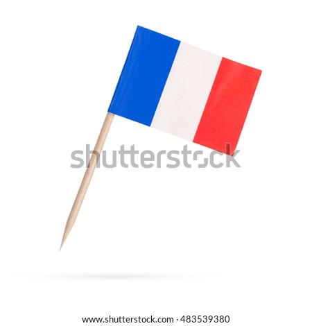 Miniature paper flag France. Isolated French flag pointer on white background. With shadow below Royalty-Free Stock Photo #483539380