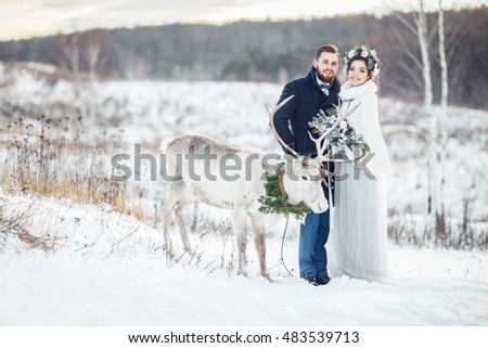 Unusual wedding photo shoot with a deer. The bride and groom stand with a deer.