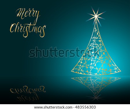 stylized Christmas tree on decorative background. Merry Christmas lettering text for internet sites, gift cards, flyers and presentations. Vector illustration