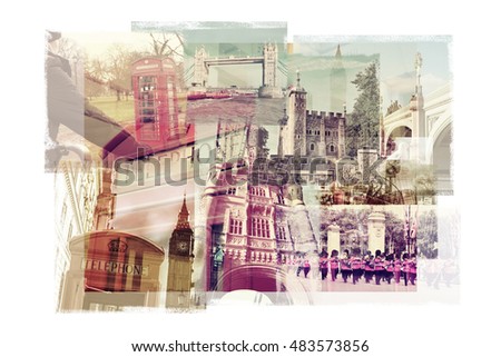multiple exposures of different landmarks in London, United Kingdom, such as  the Big Ben, the Tower Bridge, the Tower of London or the typical red phone booths