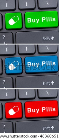 Online medical treatment concept with buy pills key on laptop keyboard