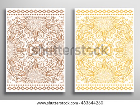 Set of decorative artistically cards. Ethnic doodle pattern. A4 size. Anniversary, birthday cards. Valentin's day, party card. Hand drawn floral, geometric design element.