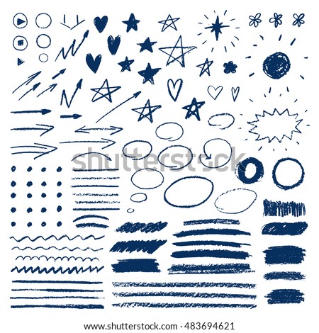 Doodle with crayons. Set of hand drawn stars, hearts, sun, arrows. Brush strokes of pencil or pastel. Royalty-Free Stock Photo #483694621