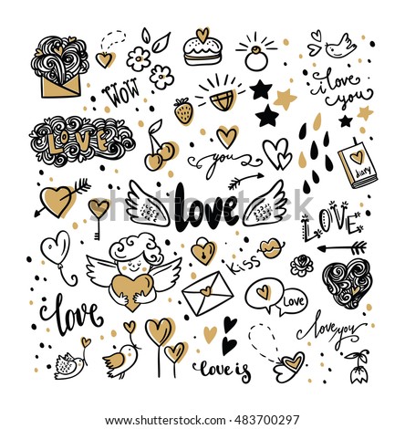 Set of romantic vector icon in doodle design. Lettering, Cupid, birds, hearts, flower, lips and other. Valentine's day characters and illustrations. Royalty-Free Stock Photo #483700297