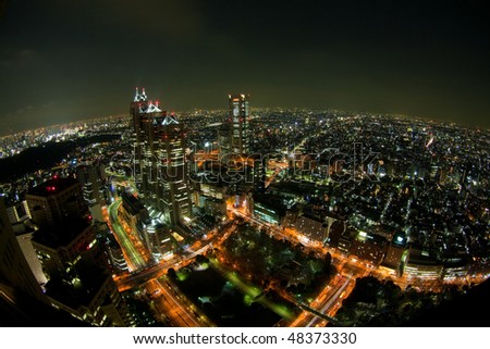 tokyo night view from building(fisheye lens) Royalty-Free Stock Photo #48373330