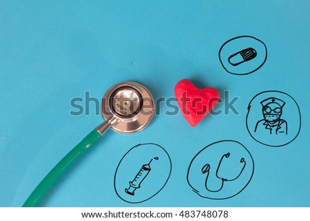 Red heart and a stethoscope with drawing of healthcare icon